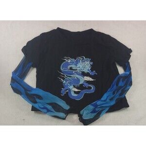 Dragon Print Mock Two Piece Mesh Panel Long Sleeve T-Shirt Blue Flame Y2K Sz S